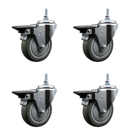 Service Caster 4 Inch Gray Polyurethane 38 Inch Threaded Stem Caster Set with Brake SCC-TS20S414-PPUB-PLB-381615-4